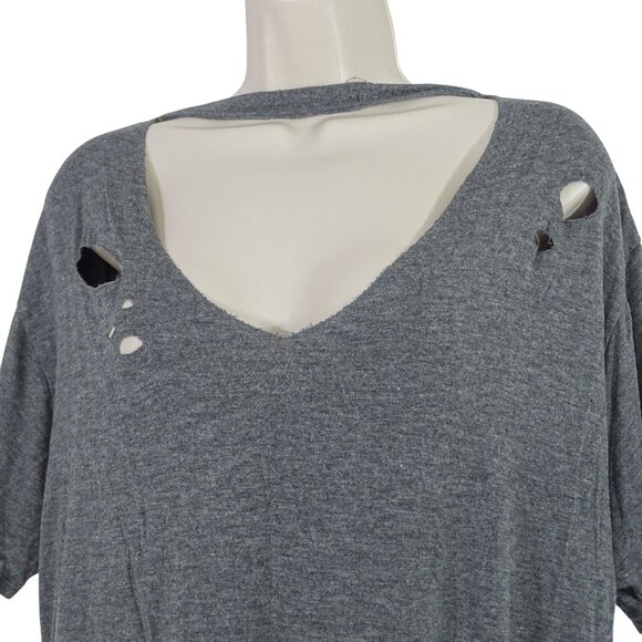 Hippie Chic Gray V-Neck Distressed Ribbed T-Shirt Top Women Size L Short Sleeve - Picture 3 of 9